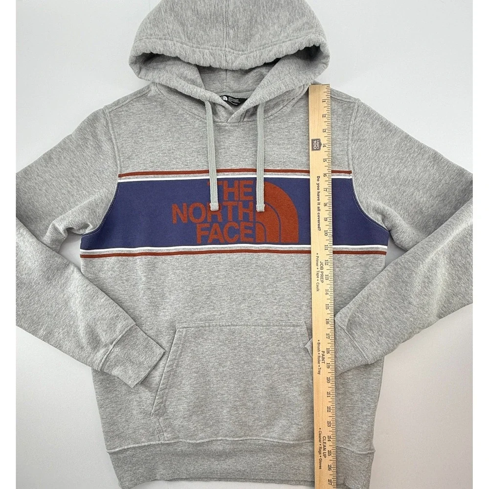 The North Face Mens M Hoodie Gray Logo‎ Stripe Pullover Fleece Kangaroo Pocket